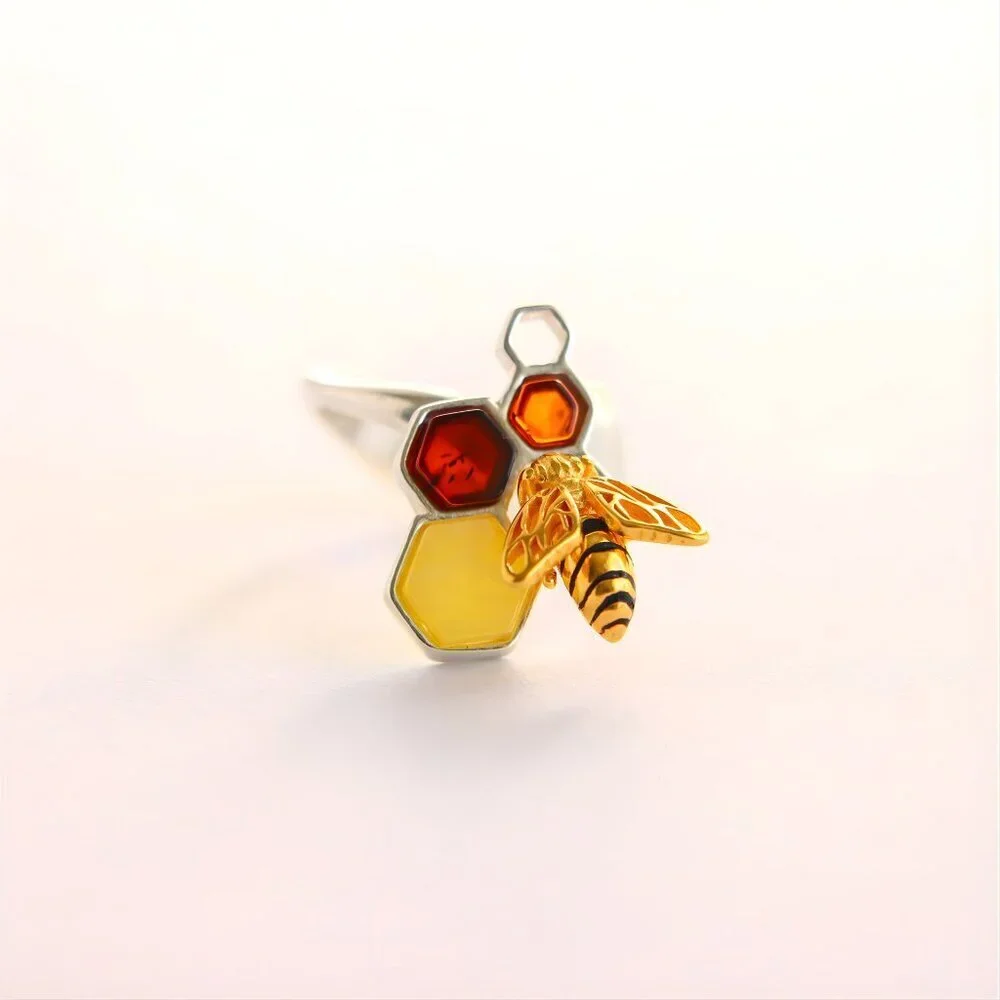 Baltic Amber Bee and Honeycomb Ring in Sterling Silver